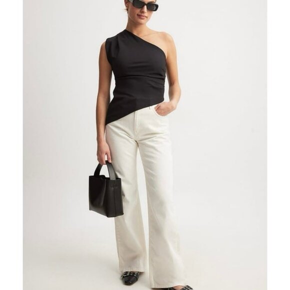 NWT NA-KD One Shoulder Asymmetric Top Black EU 34 XS Draped Hem Elegant Blouse - Picture 5 of 9
